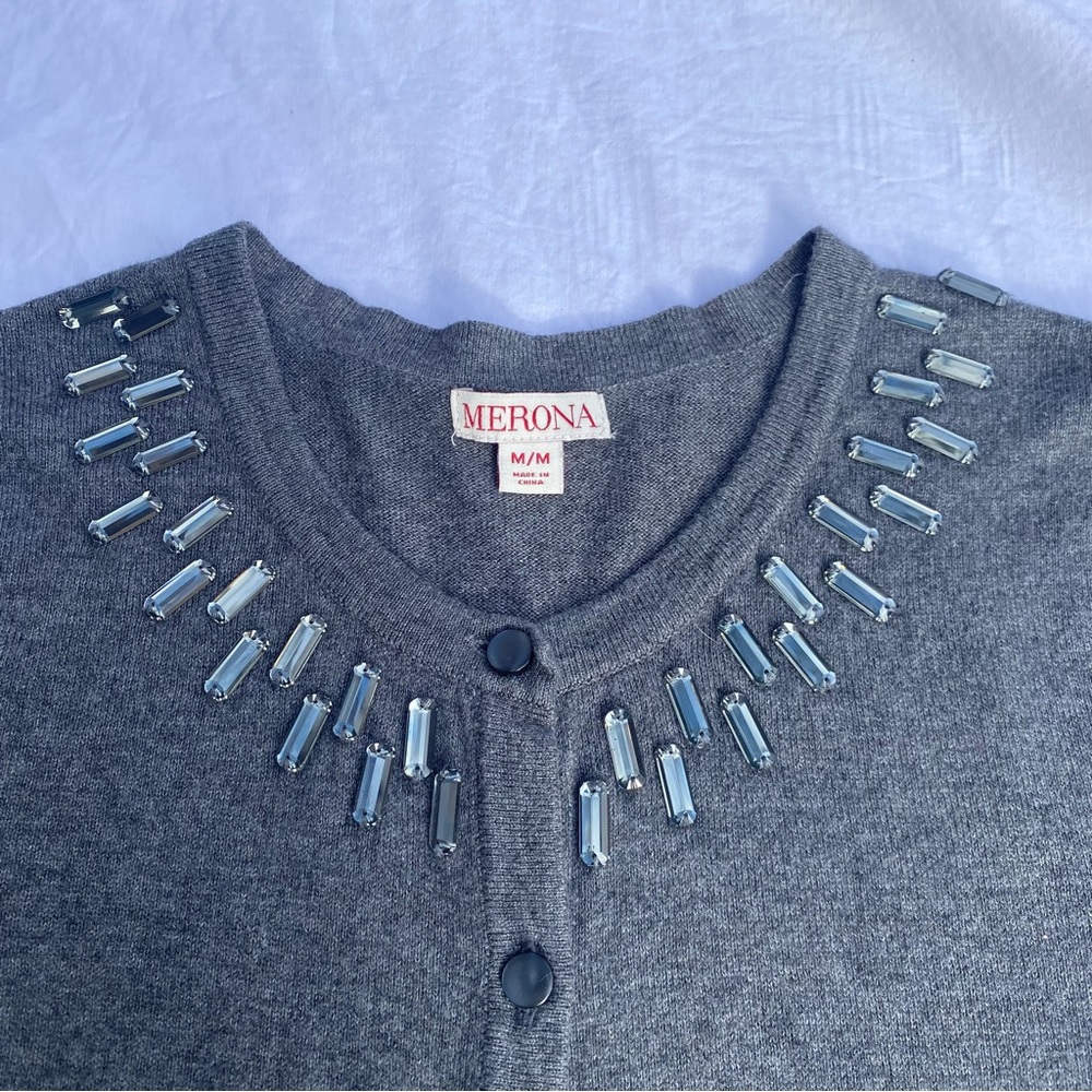 Medium Merona cardigan sweater with grey rhinestone at collar. Soft and festive